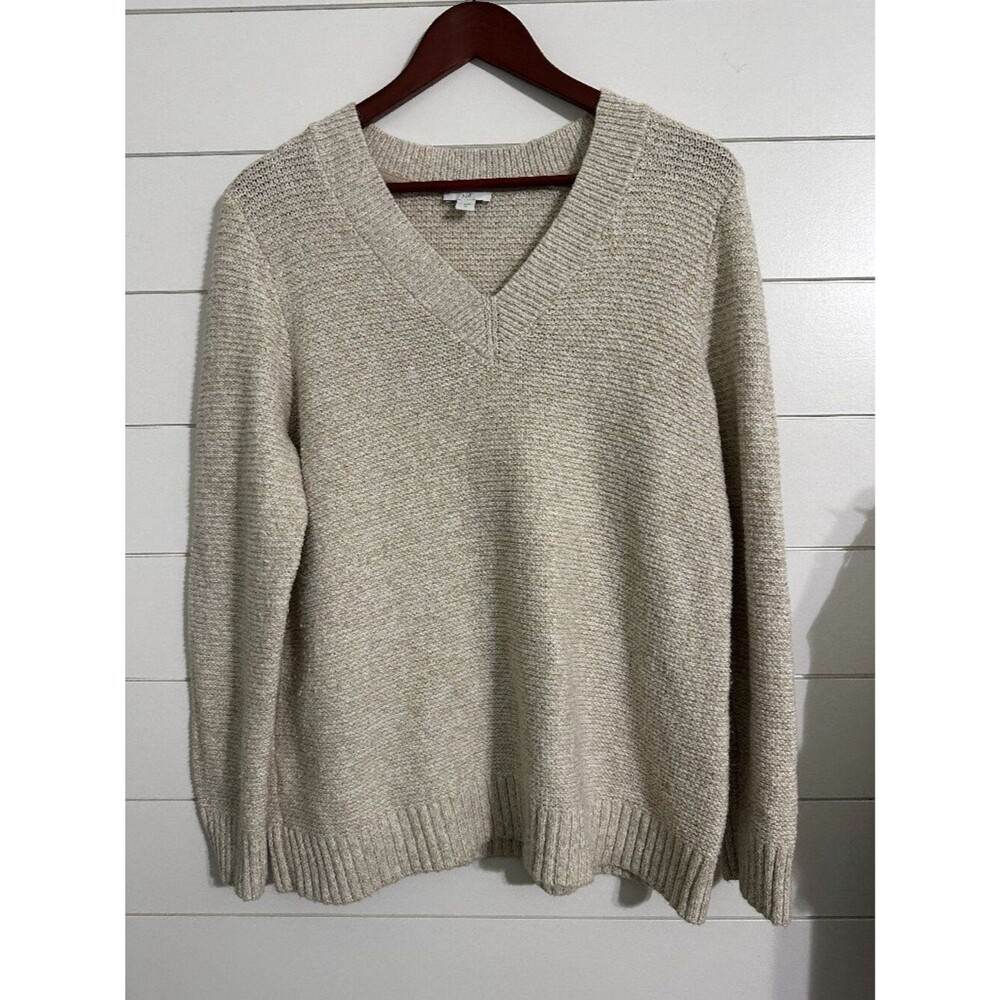 J. Jill Knit V-Neck Sweater Pullover Medium Beige Cotton Alpaca Pullover